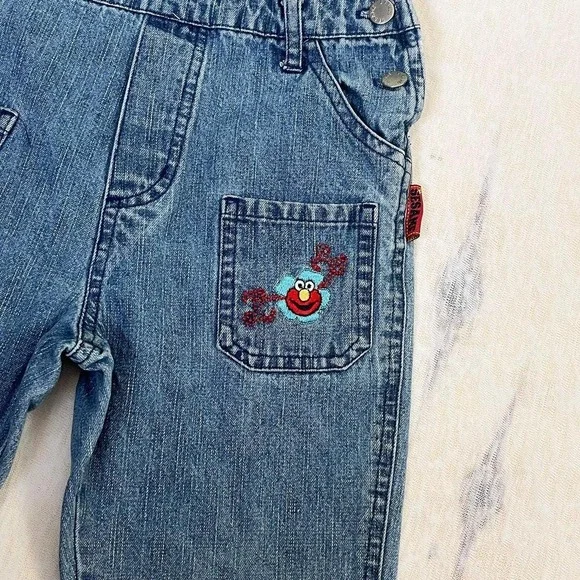 Vintage Sesame Street Elmo Denim Overalls‎ Girls 5T Blue Jean Bib Pants - Picture 2 of 5